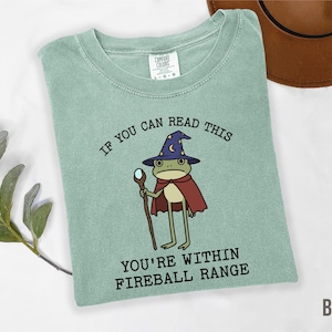 May include: A light green t-shirt with the text "IF YOU CAN READ THIS YOU'RE WITHIN FIREBALL RANGE." The shirt features a cartoon frog wearing a wizard hat and cape, holding a staff. The shirt is a Comfort Colors brand.