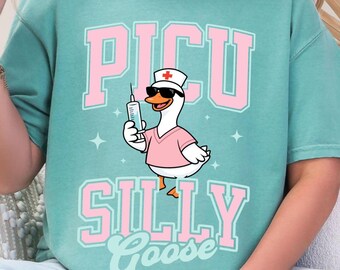 Silly Goose PICU Nurse Shirt, Pediatric Intensive Care Unit Nurse Tee Shirt, Funny Animal Geese Registered Nursing T-Shirt