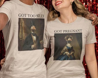 Couple's Funny Pregnancy Announcement, Silly Goose Baby Reveal T-Shirt, Matching Couple Pregnancy Shirt, Ironic Painting Vintage Tee Shirt