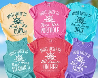 May include: A collection of colorful t-shirts and tank tops with nautical-themed graphics. Each shirt features the phrase "MOST LIKELY TO" followed by a humorous statement, a ship's wheel, and the text "JULIA'S BACHELORETTE 2026". Colors include yellow, pink, blue, teal, red, and purple.