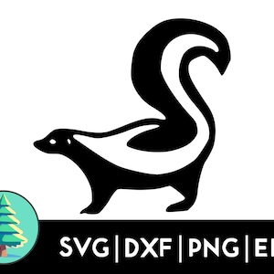Peut inclure: Silhouette noire et blanche d'une moufette avec une queue recourbée. La moufette est tournée vers la gauche et a une bande blanche sur le dos.