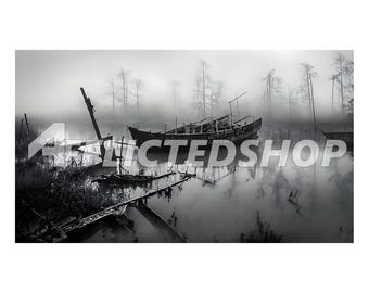 Misty swamp wrecked fishing boat - Digital Download Image