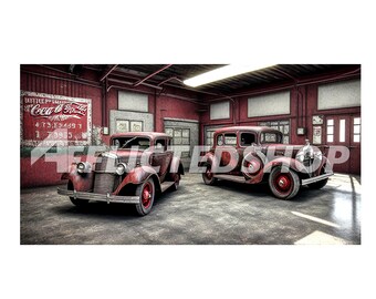1930s Auto Mechanic Workshop with Two Red Cars Digital Download