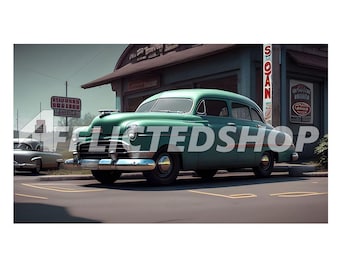 Nostalgic Drive 1950s Classic Car at a Vintage Country Store