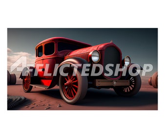 Vintage 1920s Old Red Car in Desert - Digital Download Image