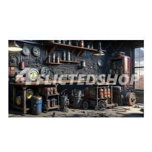 May include: A vintage workshop interior with a workbench, tools, and machinery. The walls are lined with shelves filled with jars and bottles. There are clocks and other decorative items hanging on the walls. The room is lit by a single overhead light.