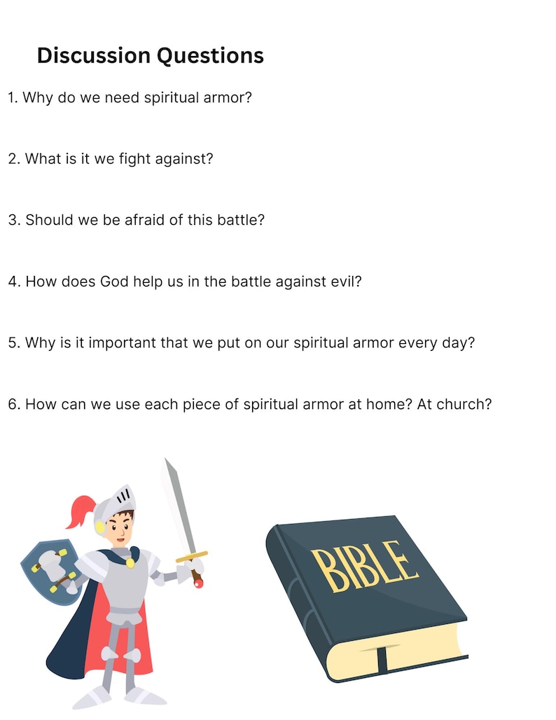 Pode incluir: Um cavaleiro com armadura, capa vermelha e espada, e um livro fechado com a palavra "B&Iacute;BLIA" na capa. Acima da imagem, s&atilde;o listadas perguntas de discuss&atilde;o sobre a armadura espiritual.