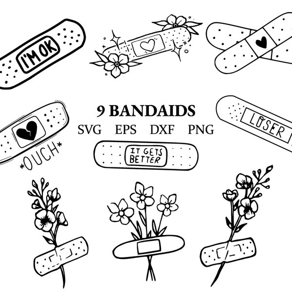 Pansement svg | pansement floral | pansement cardiaque | Je vais bien | bandage perdant | EPS | dxf | png