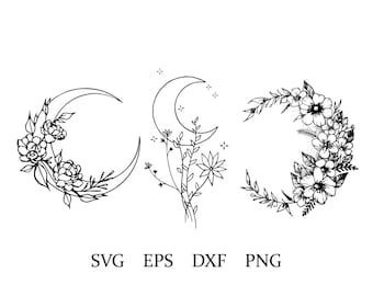 flower moon | floral moon svg | moon flower clipart | eps | png | dxf