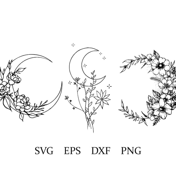 flower moon | floral moon svg | moon flower clipart | eps | png | dxf