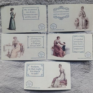 May include: Set of six vintage-style cards with illustrations and text. Each card features a different quote about tea, fashion, and society. The cards are printed on a cream-colored background with a brown border.