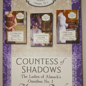 May include: Book cover for "Countess of Shadows" by Marissa Doyle. The cover features a purple and gold design with the title and author's name in black text. The book is part of "The Ladies of Almack's" series, omnibus number 1.
