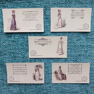 May include: Five vintage-style cards with illustrations of women in period clothing. Each card features a different quote about social situations and etiquette. The quotes are: "We can't all be queen. Someone has to curtsy as I go by.", "Don't look now, but there's a fortune-hunter lurking in those shrubs.", "Mayhem is my specialty", "For the last time, it's a bonner, not a cone of shame.", and "I'd offer you moral support, but my morals are questionable."
