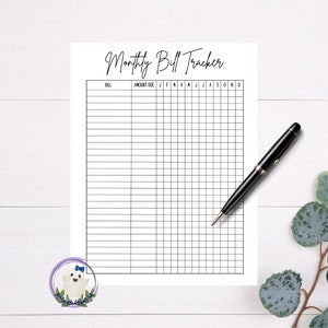 Monthly Bill Tracker Printable PDF - 12 months