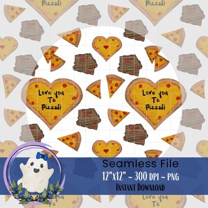 Peut inclure: Motif sans couture avec des tranches de pizza, des boîtes à pizza et des pizzas en forme de cœur avec le texte "Love you to Pizzas!". Le motif comprend une illustration de fantôme et le texte "Seamless File 30.48cm x 30.48cm ~ 300 DPI ~ PNG INSTANT DOWNLOAD".