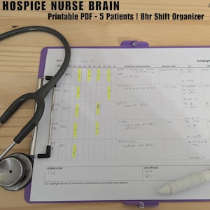 May include: A purple clipboard with a printed 8-hour shift organizer for hospice nurses, a stethoscope, and a pen. The organizer includes sections for patient information, symptom management, and wound care. The text "HOSPICE NURSE BRAIN" is at the top.