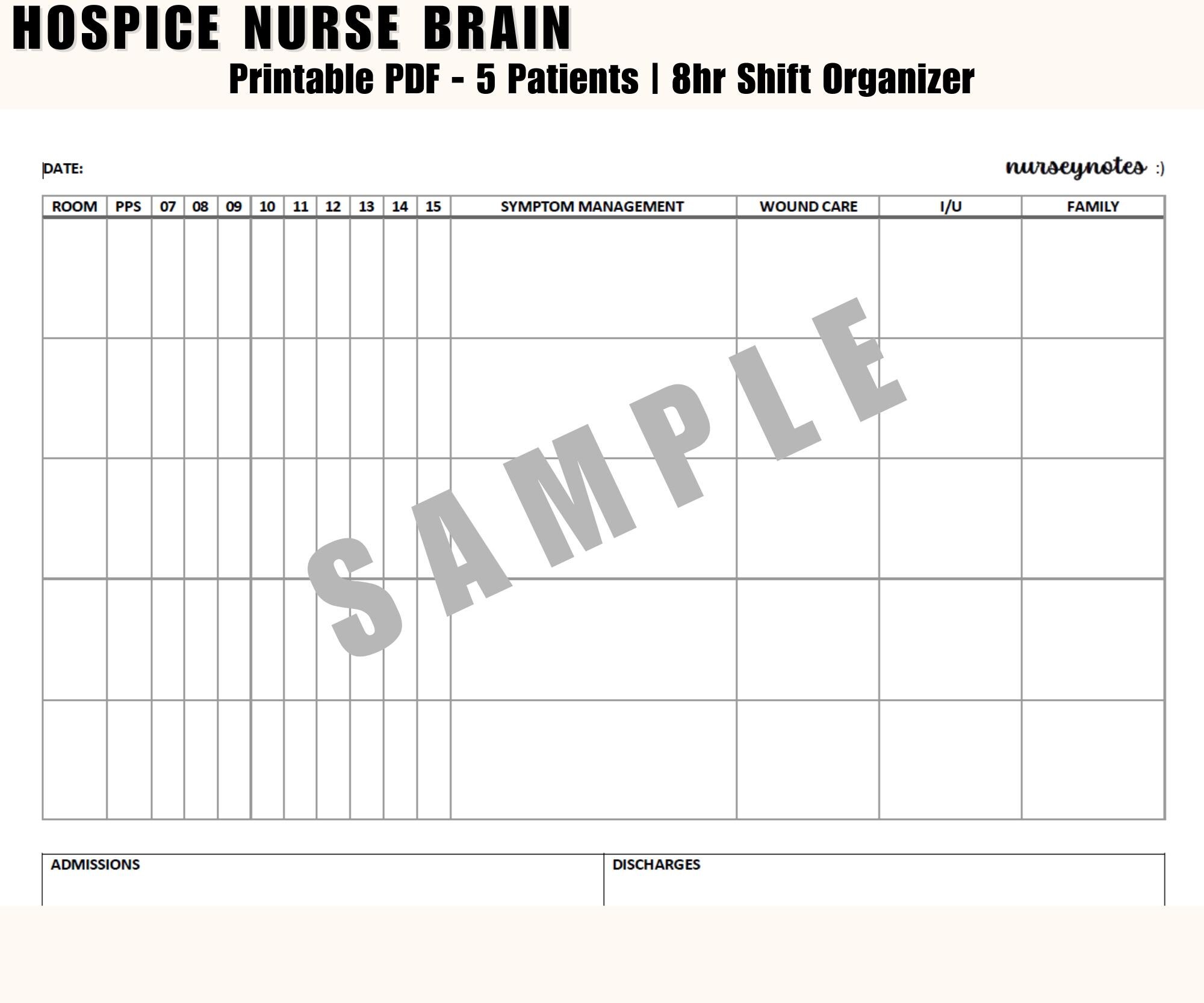 Hospice Nurse Brain Sheet | 5-patient Printable PDF | 8hr Day Shift ...