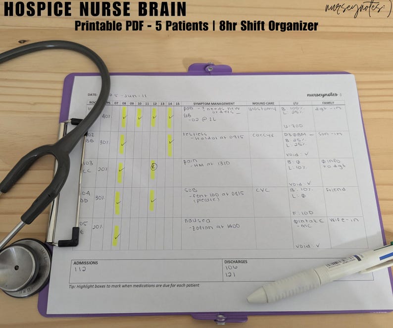 Hospice Nurse Brain Sheet | 5-patient Printable PDF | 8hr Day Shift ...
