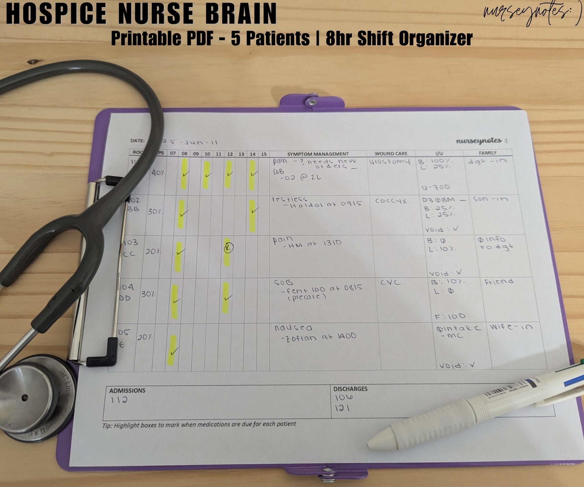 Hospice Nurse Brain Sheet | 5-patient Printable PDF | 8hr Day Shift ...