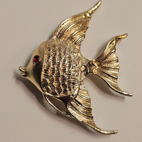 Vintage angel fish brooch, Vintage gift for her, Fish pin, Gold tone brooch