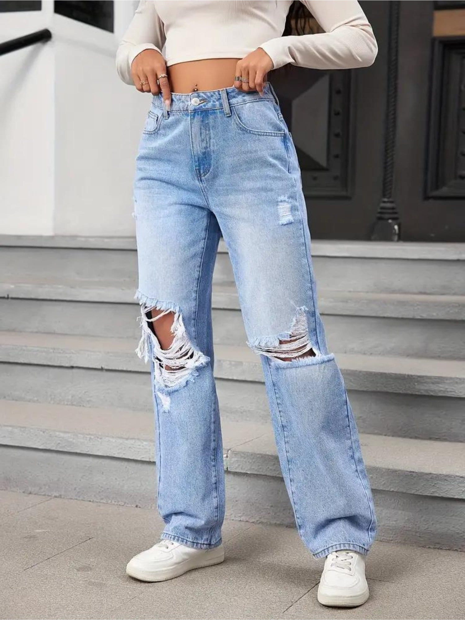Women Flare Jeans High Waisted Ripped Boyfriend Denim Pants Baggy Stacked  Distressed Goth Bell Bottom