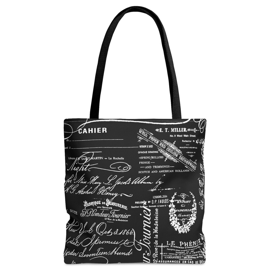 White Script Pattern on Black Fabric Tote Bag Etsy