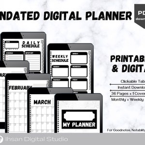 May include: Black and white digital planner with tabs for daily, weekly, and monthly scheduling. The planner includes 36 pages and a cover page. The text "UNDATED DIGITAL PLANNER" is at the top of the image. The text "PRINTABLE & DIGITAL" is in the lower right corner of the image. The text "MY PLANNER" is in a black box on a white background.