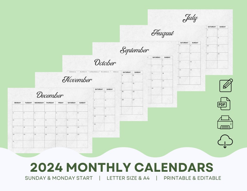 Printable 2024 Monthly Calendar Landscape Monday Start Sunday Start ...