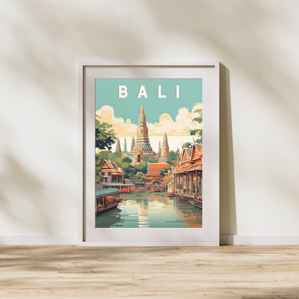 Bali Retro Travel Digital Print, Bali Waterfront Poster, Bali Indonesia Travel Poster, Bali Retro Wall Art