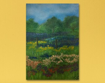 Helechos y prados, pintura pastel suave sobre papel texturizado, campo, pintura de pueblo, decoración del hogar, arte de pared, regalo de Navidad, vista al jardín