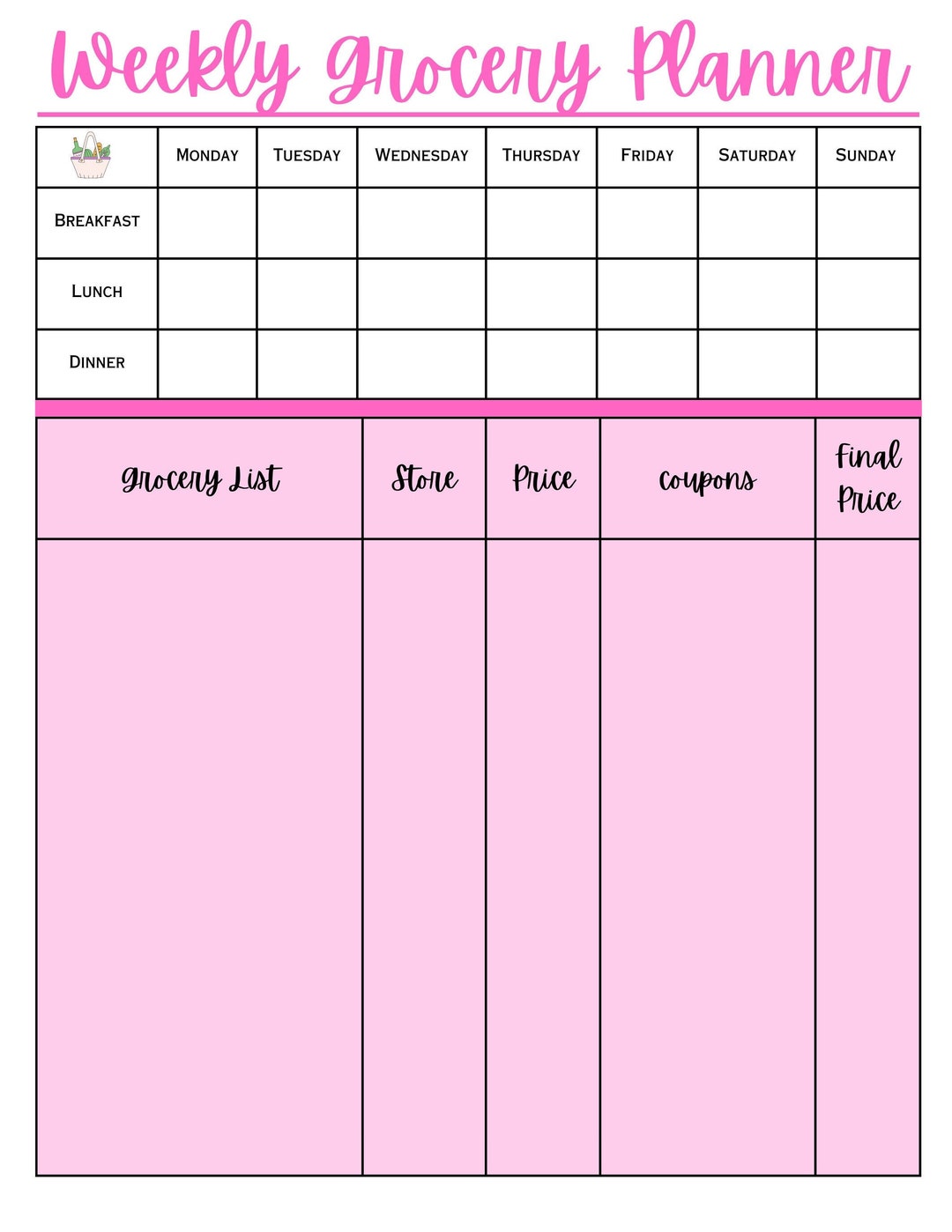 Printable Weekly Meal Planner - With Detailed Grocery List - Etsy