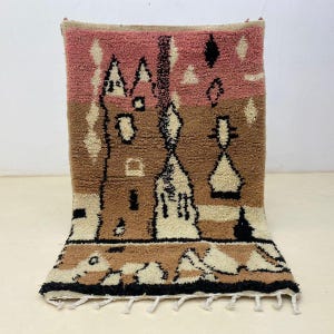 Handwoven Moroccan Wool Rug Berber Tribal Carpet | Brown & Pink Beni Ourain Style Rug | Bohemian Home Decor | Authentic Vintage Moroccan Rug