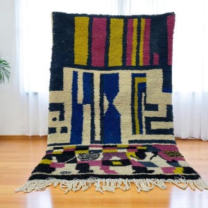 Abstract Moroccan Rug – Handmade Berber Wool Area Carpet – Colorful Tribal Azilal Design – Modern Boho Home Decor Rug