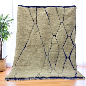 Moroccan Beni Ourain Rug – Handwoven Wool Area Rug with Blue Diamond Pattern – Neutral Boho Decor – Custom Berber Carpet