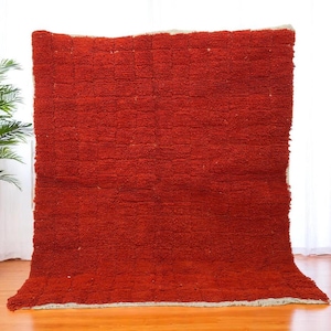 Handmade Red Moroccan Rug – Solid Color Wool Area Rug – Berber Carpet for Boho & Modern Home Decor – Vibrant Beni Ourain Style Floor Rug