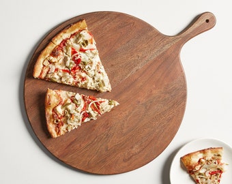 Tablas de queso o charcutería hechas a mano para cortar tabla de Pizza bandeja de madera con mango
