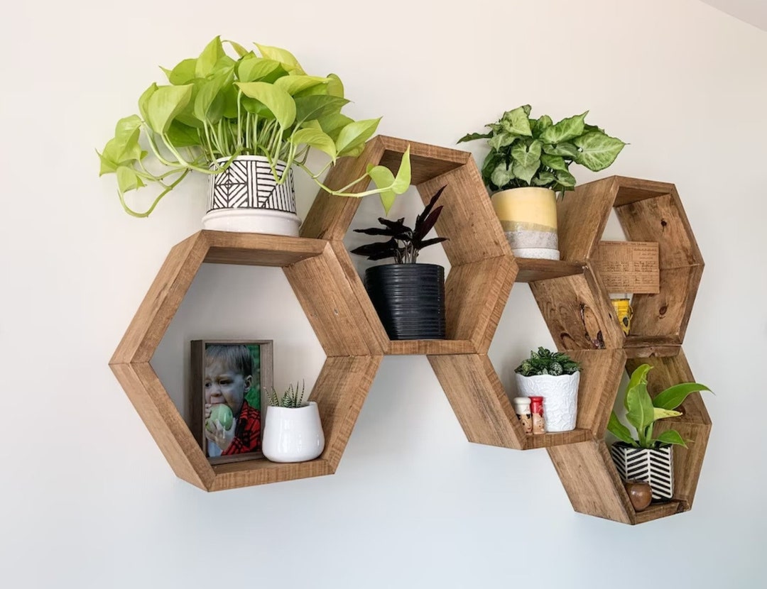 Reclaimed Wood Hexagon Wall Shelves Wall Shelf Hexagon Storage Shelving Home Decor Etsy