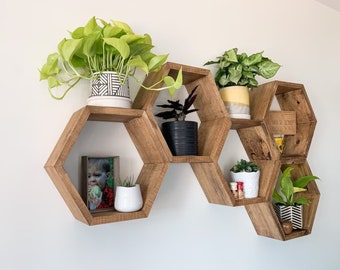 Estantes de pared hexagonales de madera recuperada - Estante de pared Estantería de almacenamiento hexagonal Decoración para el hogar