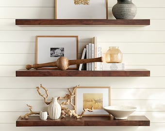 Floating Wall Shelf Wood Reclaimed Distressed Wood Walnut Ash - Cherry Mahogany - Painted Shelves