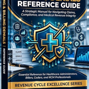 May include: A hardcover book titled Coding & Billing Denials Reference Guide with a dark blue cover featuring a gold and blue shield emblem, medical icons, and text including A Strategic Manual for Navigating Claims, Compliance, and Medical Revenue Integrity.