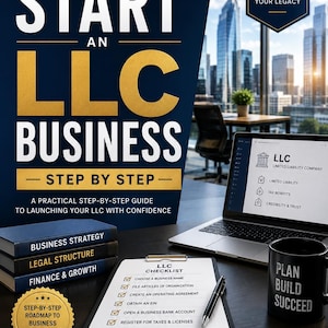 May include: A business guide titled How to Start an LLC Business with a stack of books labelled Business Strategy, Legal Structure, and Finance & Growth, a laptop displaying LLC information, a checklist, a pen, and a mug labelled Plan Build Succeed.
