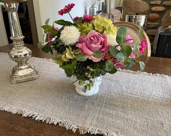 Spring Pink Rose Arrangement, Artificial Flower Arrangement For Kitchen, Arrangement For Coffee Table, Year Round Hydrangea Arrangement