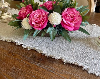 Pink Table Centerpiece, Wooden Dough Bowl Flower Arrangement, Pink Rose Arrangement, Rose Arrangement For Kitchen, Dining Room Decor