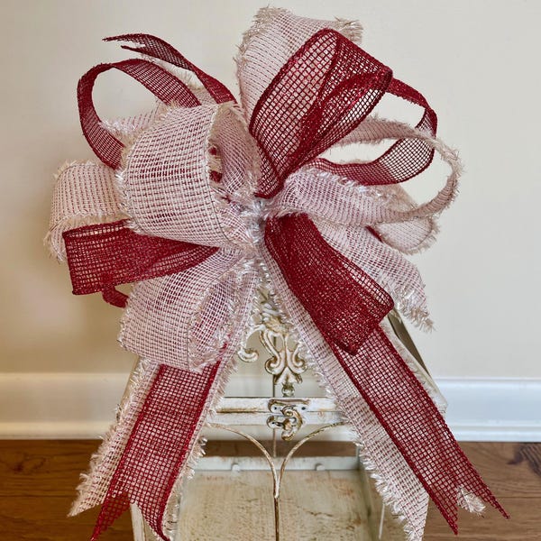 Christmas Bow For Wreath, Red and White Christmas Bow, Lantern Bow, Valentines Day Bow for Wreath, Christmas Decor, Red Tree Topper Bow