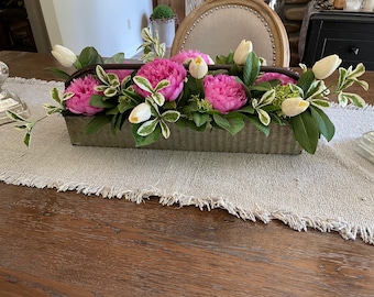 Farmhouse Spring Silk Peony Arrangement, Galvanized Planter With Flowers, Dining Table Centerpiece, Entryway Decor, Spring Tulip Arrangement