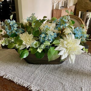 Spring Blue and White Table Centerpiece, Rustic Wooden Bowl Arrangement, Modern Flower Arrangement, Hydrangea Table Centerpiece