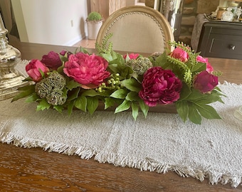 Spring Table Centerpiece, Dough Bowl Flower Arrangement, Pink Peony Arrangement, Floral Arrangement For Kitchen, Dining Room Decor