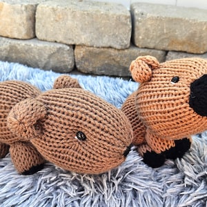 Puede incluir: Dos peluches de capibara de punto marrón con ojos y narices negros. Los capibaras están sentados sobre una superficie peluda azul claro.