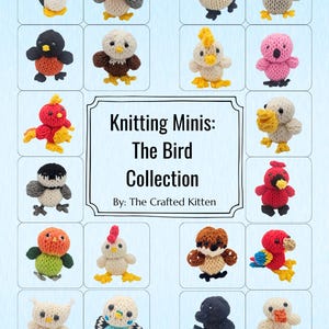 Może przedstawiać: Kolekcja małych, dzianinowych figurek ptaków w różnych kolorach i wzorach ułożonych w siatkę. Centralny tekst brzmi Knitting Minis: The Bird Collection By: The Crafted Kitten. Poniżej znajduje się tekst A Collection of Circular Knitting Machine Patterns.