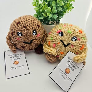 May include: Two knitted cookie plushies with smiling faces and attached tags. One is brown, the other beige with colorful sprinkles. The tags read "Emotional Support Cookie" with encouraging phrases. A small green plant is in the background.